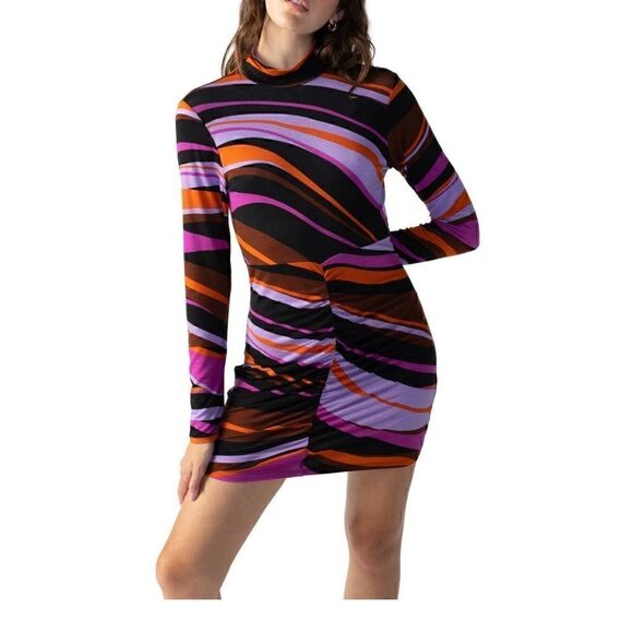 SANCTUARY Abstract Mock Neck Shirred Bodycon Dress Women's Gravity Long Sleeve L - Picture 4 of 12